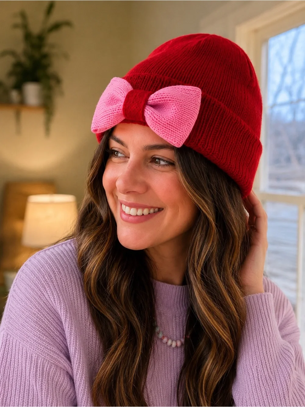 kate spade Red Beanie with Pink Bow Accent